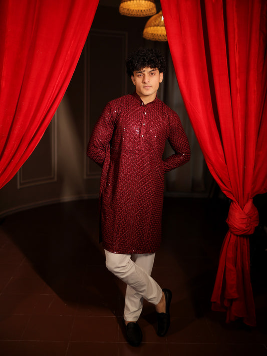 Maharaja's Wine Textured Ceremony Kurta Pajama