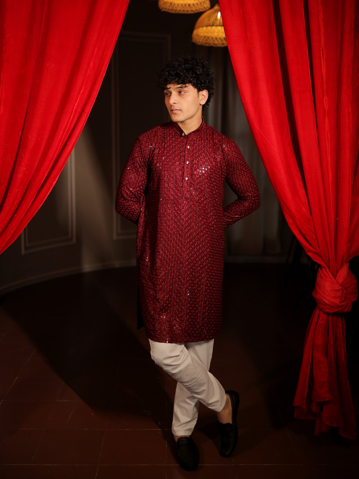 Maharaja's Wine Textured Ceremony Kurta Pajama