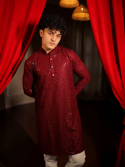 Maharaja's Wine Textured Ceremony Kurta Pajama