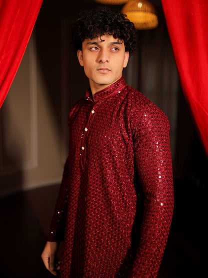 Maharaja's Wine Textured Ceremony Kurta Pajama