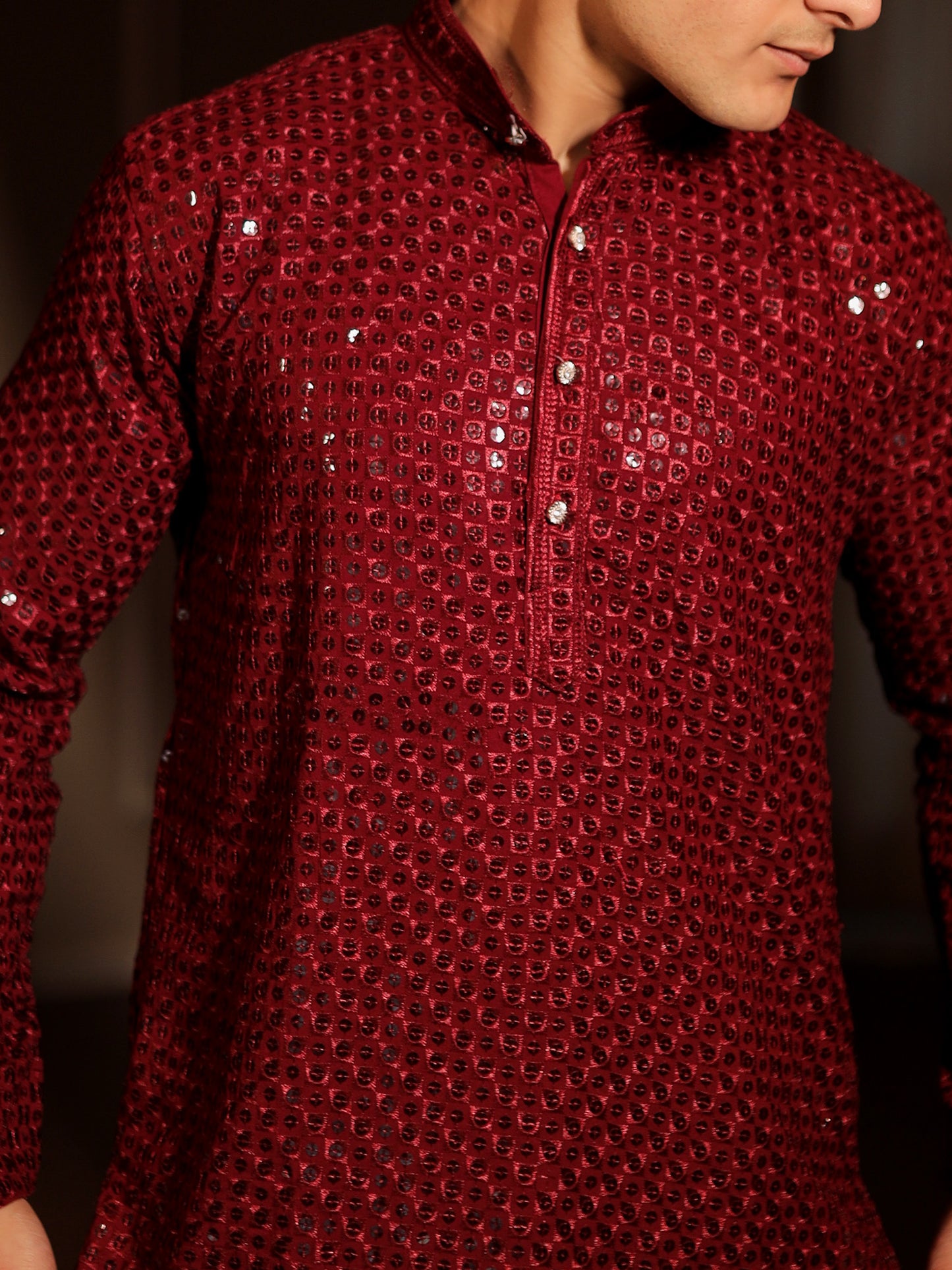 Maharaja's Wine Textured Ceremony Kurta Pajama