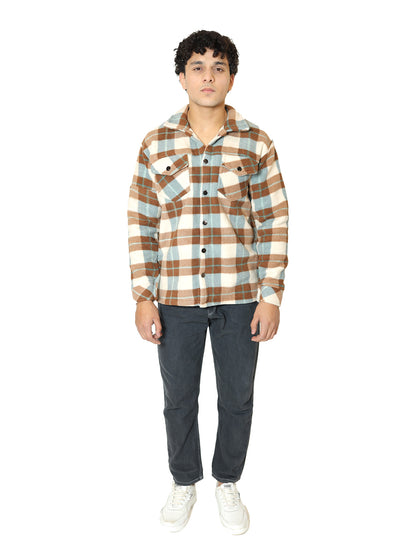 Beige and Brown Plaid Flannel Shacket