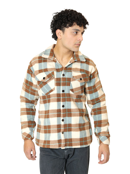 Beige and Brown Plaid Flannel Shacket