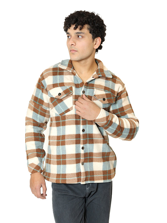 Beige and Brown Plaid Flannel Shacket