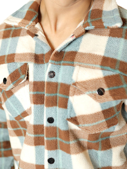 Beige and Brown Plaid Flannel Shacket